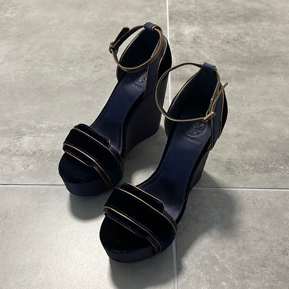 Tory Burch Navy Velvet Platform Wedge Sandals with Gold Trim